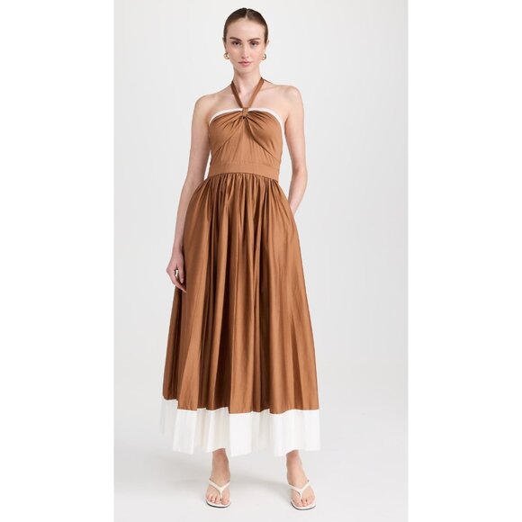 NWT Alice + Olivia Beatrix in Tan Vanilla Cotton Halter Maxi Dress 8 $595 - Picture 5 of 11